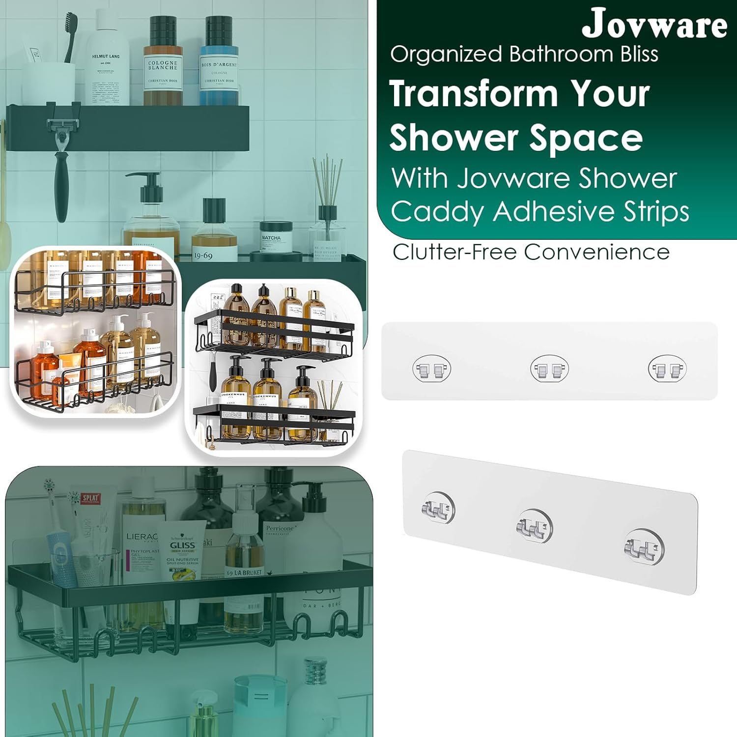 Skiennix Shower Caddy Adhesive Replacement Stickers - Strong Suction Hooks for Bathroom Storage | 3 Hooks, Transparent