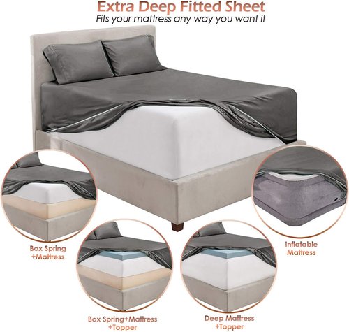 Hearth & Harbor Queen Sheet Set - Extra Deep Pocket for Mattresses 18-24 Inches - 6-Piece Grey Set