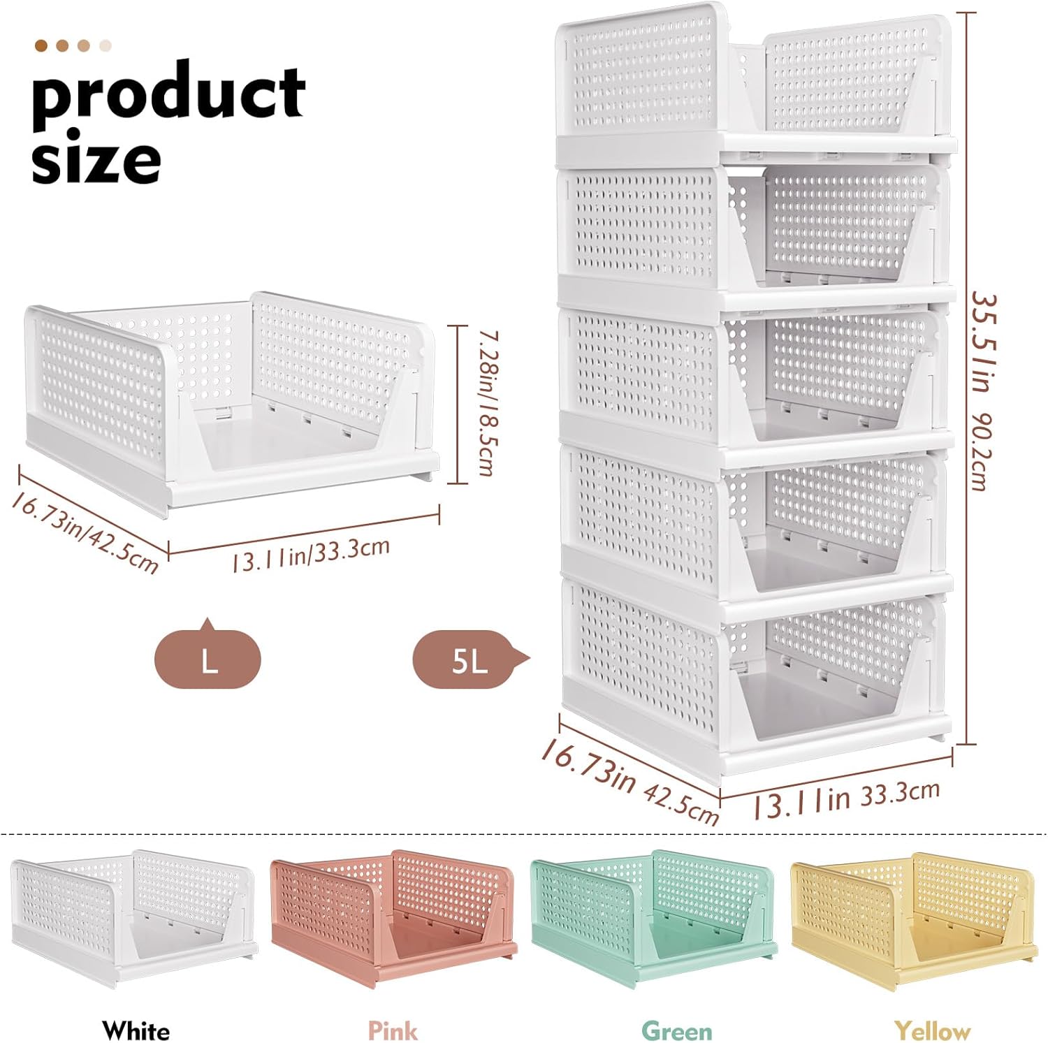 SNSLXH Stackable Closet Storage Baskets - Multifunctional & Foldable Organizer for Bathroom, Kitchen, Laundry | White, 5-Pack