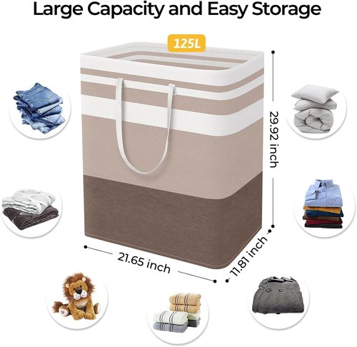 HomeHacks Large Waterproof Laundry Basket - Collapsible Freestanding Hamper with Extended Handles (Brown, 125L)