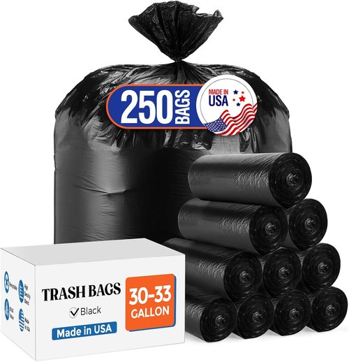 Delxo 30-33 Gallon Trash Bags - Thick, Durable & Puncture-Resistant | 250 Count Black Garbage Bags for Kitchen, Yard & Office