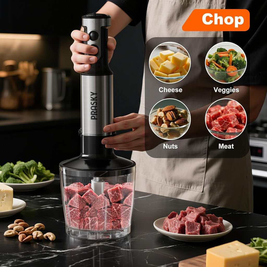 Skiennix Immersion Blender - 20-Speed Handheld Blender with Turbo Mode & Stainless Steel Blades | 600ml Beaker & 500ml Chopper (Silver)