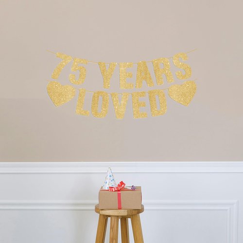 Pre-Strung 75th Birthday Banner - Gold Glitter, Happy 75th Birthday Party Decorations for Women & Men, 75 Year Old Anniversary Decor Bday Sign Gifts