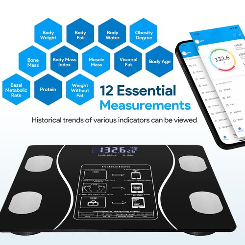 Smart Weighing Scale, Bluetooth Smart Body Fat Scale, accurately Measures Weight, Body Fat Percentage, Muscle Mass Percentage, BMI, and Other Body Metrics. (Black)