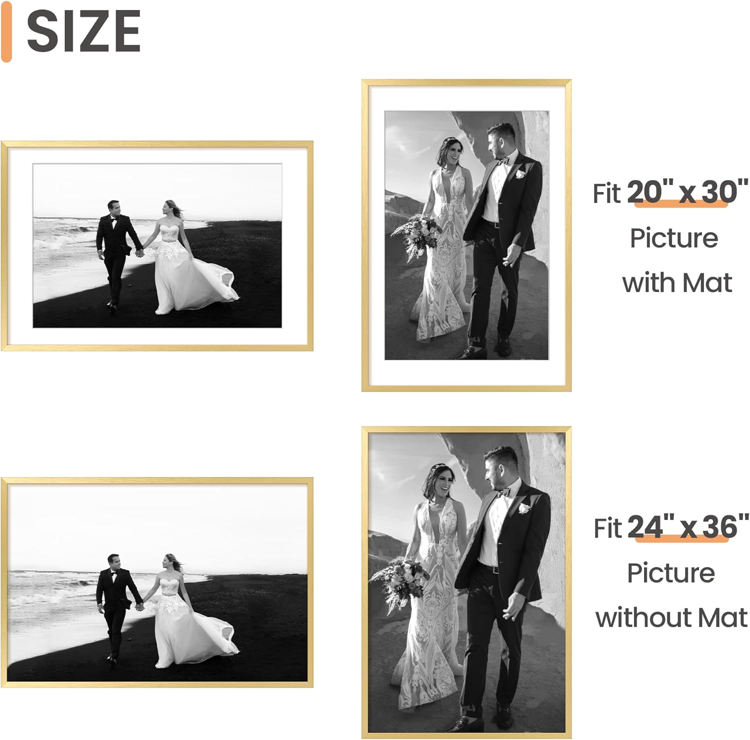 Upsimples 24x36 Gold Poster Frame - Versatile Display for 20x30 with Mat or 24x36 Without Mat
