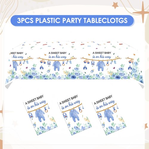 3 Pcs Baby Shower Decorations Boy A Sweet Boy is On His Way Party Supplies Blue Table Cover,Gender Reveal Table Cloths Decorations,55in x 86in