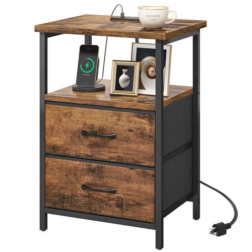 Fixwal Night Stand with Charger Station, Nightstand with Charging Station & Fabric Drawers，Rustic Brown
