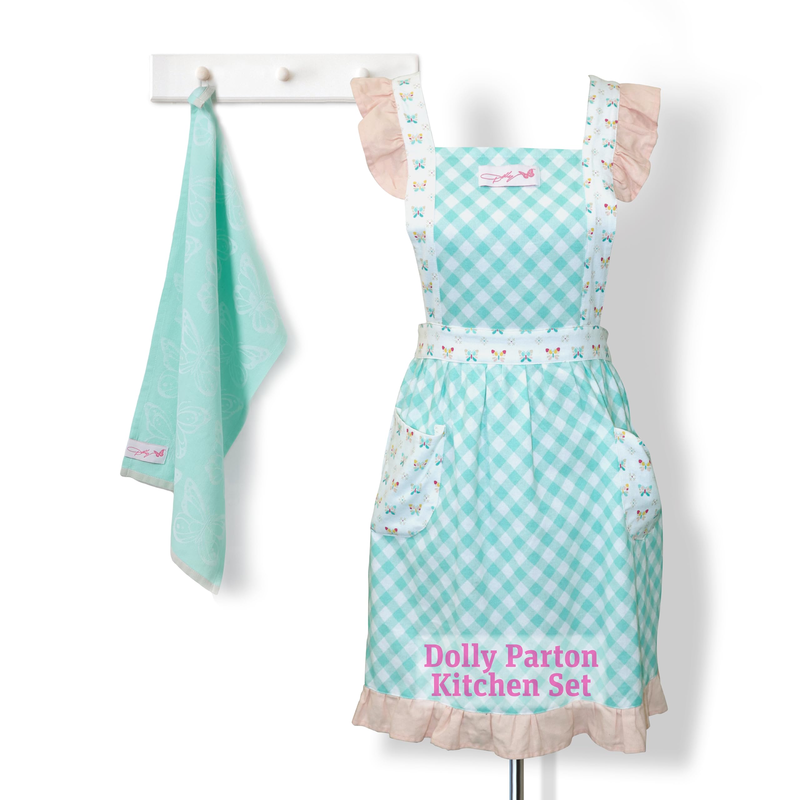 Dolly Parton Apron & Kitchen Towel Set, Kitchenware 100% Cotton Cute Chef Apron and a Jacquard Woven Kitchen Towel, Made with a Beautiful Pattern for Your Décor - Teal Plaid and Butterfly