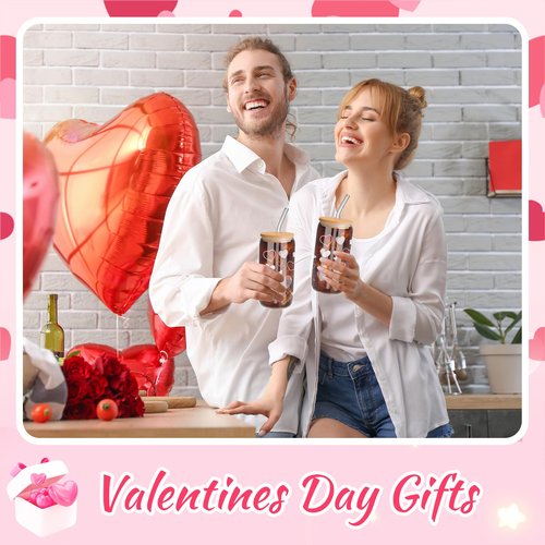 Yetene 2 Sets White Hearts Glass Cups, 16 oz Valentine's Day Tumbler Glasses with Bamboo Lids and Straws Iced Coffee Clear Glass Drinking Cups for Galentines Party Couple Lover Birthday Gifts
