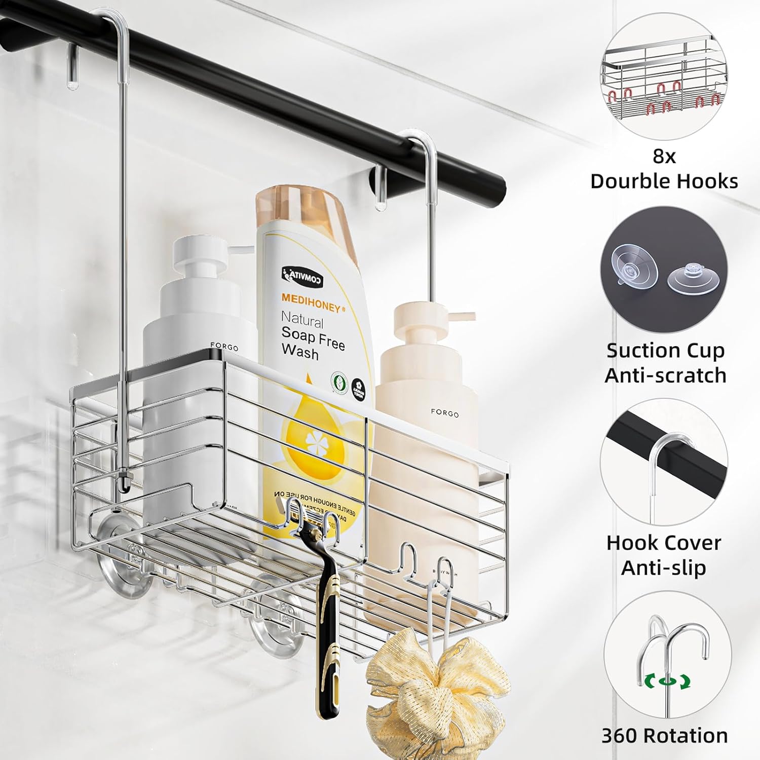 SHANSHUI Shower Caddy - Rustproof 304 Stainless Steel Bathroom Organizer with Hooks | Over Door Design