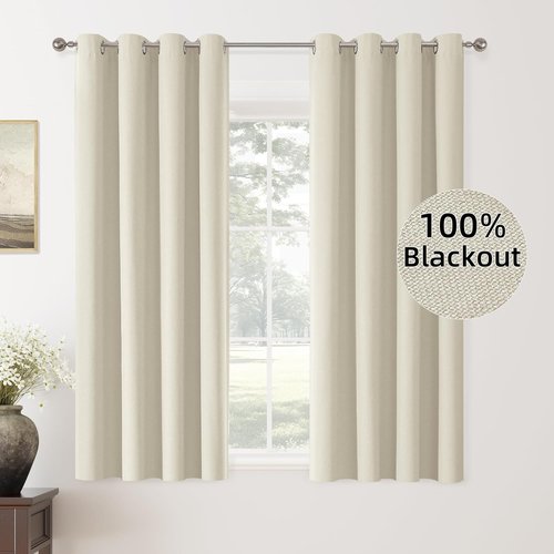 ChrisDowa 100% Blackout Curtains - Birch Solid 63-Inch Thermal Insulated Drapes | 2 Panels for Bedroom & Living Room