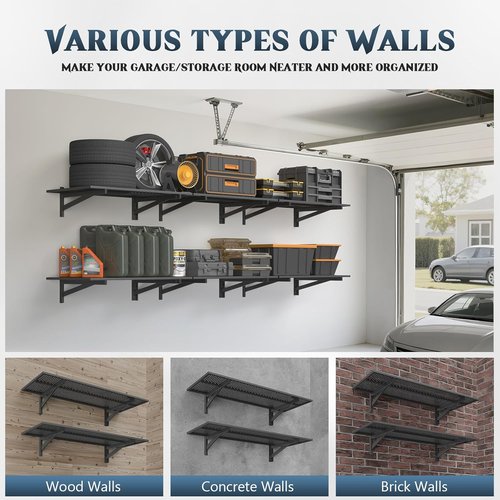 Jusgym Heavy Duty Garage Wall Shelving - 700lbs Capacity | 2 Pack, 1.5x4ft, Black Floating Storage Racks
