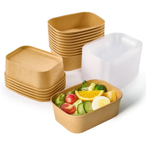 JOLLY CHEF 25 oz 50 Pack Paper Meal Prep Containers with Lids, Rectangular Disposable Food Containers, Brown Paper Bowls with Lids for Thanksgiving, Christmas, Parties
