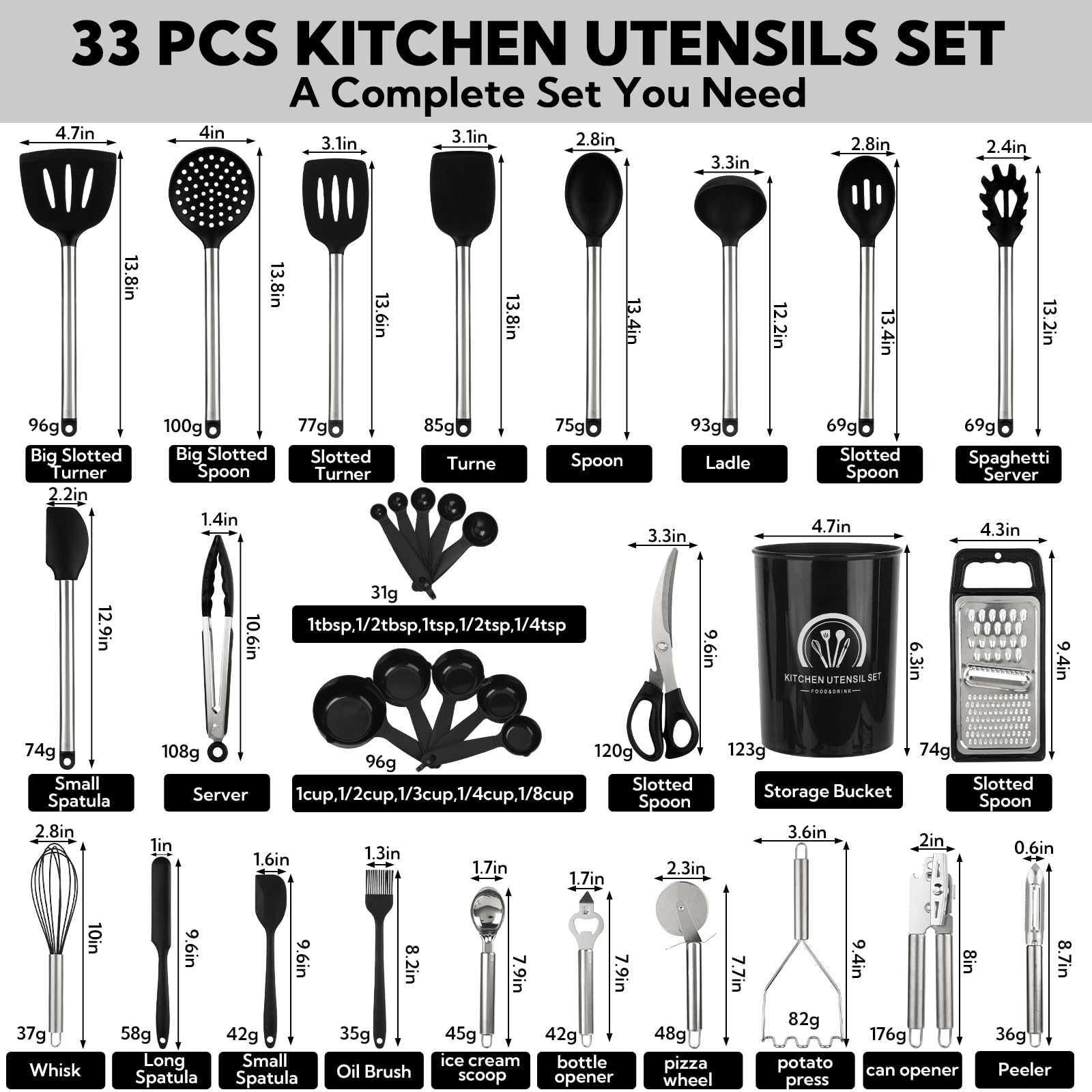 33 Pack Non-Stick black silicone cooking utensils set, Heat Resistant & Dishwasher Safe with Stainless Steel Handles for Non-Scratch Cooking and Baking，Outdoor Cooking, and Small Apartments