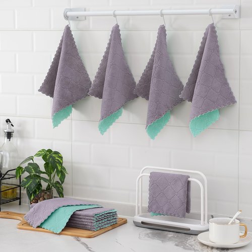 Mordimy 12 Pack Kitchen Cloths Dish Towels (10" x 10", Grey & Green), Super Soft and Absorbent Dish Cloths, Coral Velvet Microfiber Cleaning Cloth, Nonstick Oil Fast Dry Dishcloths