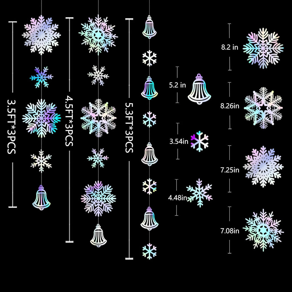 Skiennix 40 Ft Iridescent Snowflakes Party Decorations - Holographic Bell Garland for Winter Wonderland Decor