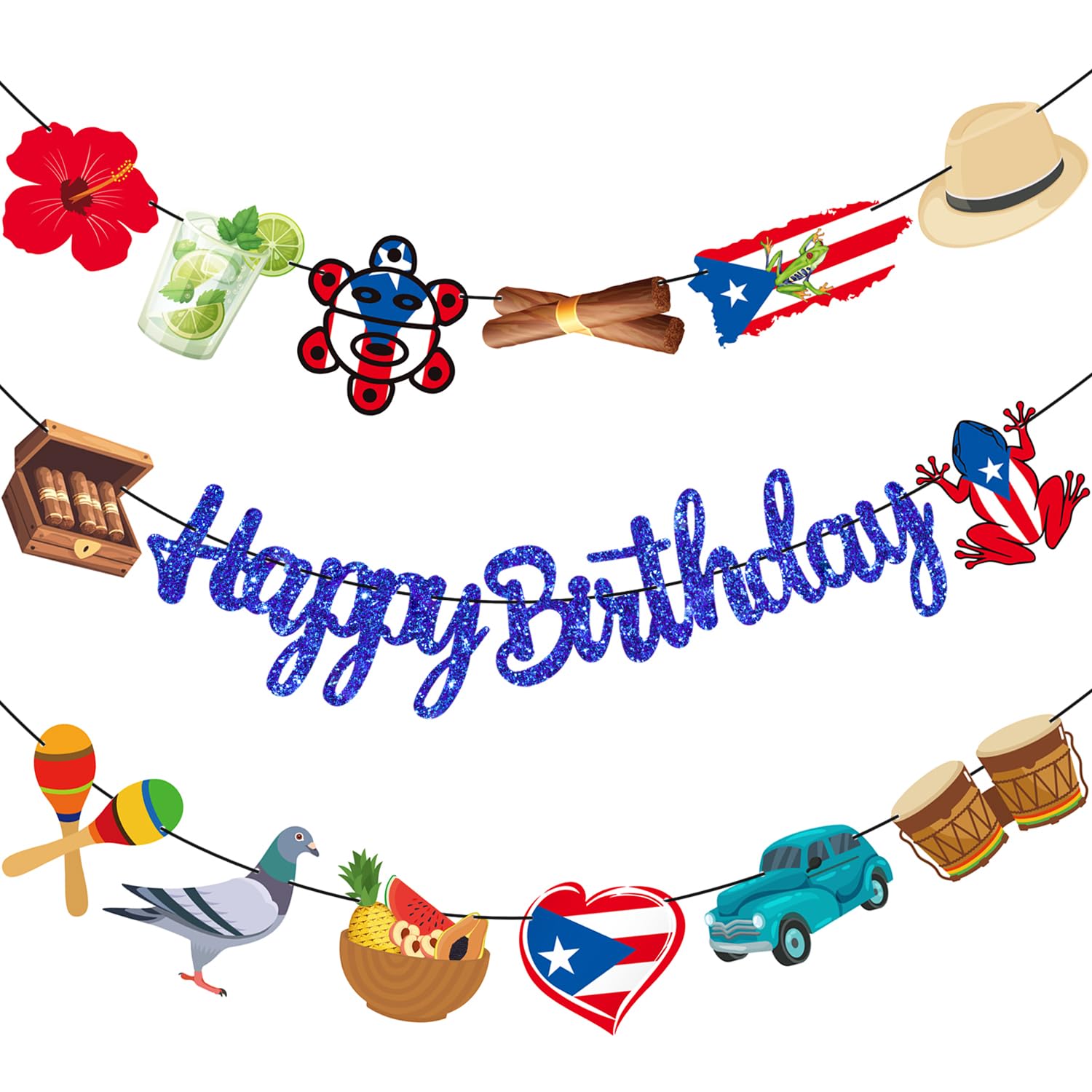 Puerto Rico Party Supplies Puerto Rican Birthday Banners Glitter Blue Puerto Rican Themed Decorations 3PCS Puerto Rican Flag Banners for Patriotic Anniversary Veterans Day Decor