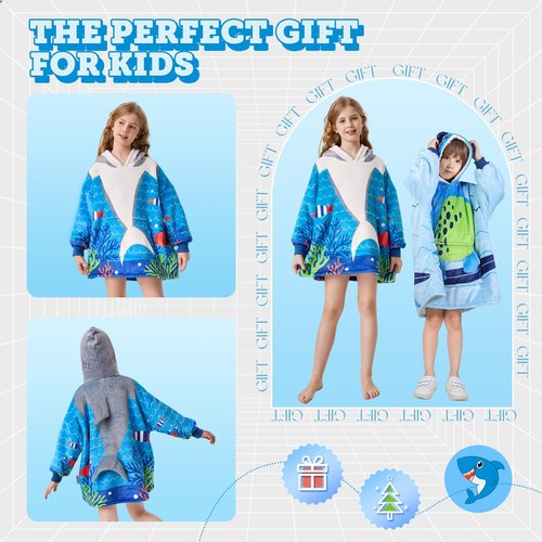 MIZZEO Kids Wearable Blanket Hoodie, Oversized Sherpa Wearable Blanket with Hood Pocket and Sleeves for Toddlers, Cute Hoodies 2-6 Year Old Girls Youth Birthday Gifts (shark)