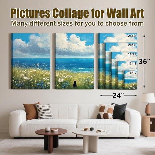Black Cat Canvas Wall Art - Set of 3 Abstract Coastal Floral Prints | 12"x16" Wrapped Frame
