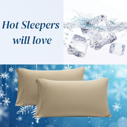 Beckham Hotel Collection Cooling Pillowcases - Silky Soft & Breathable | Set of 2, Standard/Queen Size, Sand