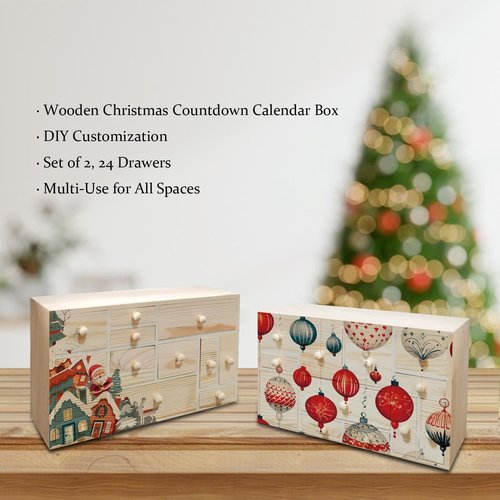 Gkesgm Wooden Countdown to Christmas Advent Calendar, Storage Organizer with 24 Drawers, Jewelry Box, Desktop Organizer, DIY Unfinished Wood Set of 2 Refillable Wooden Advent