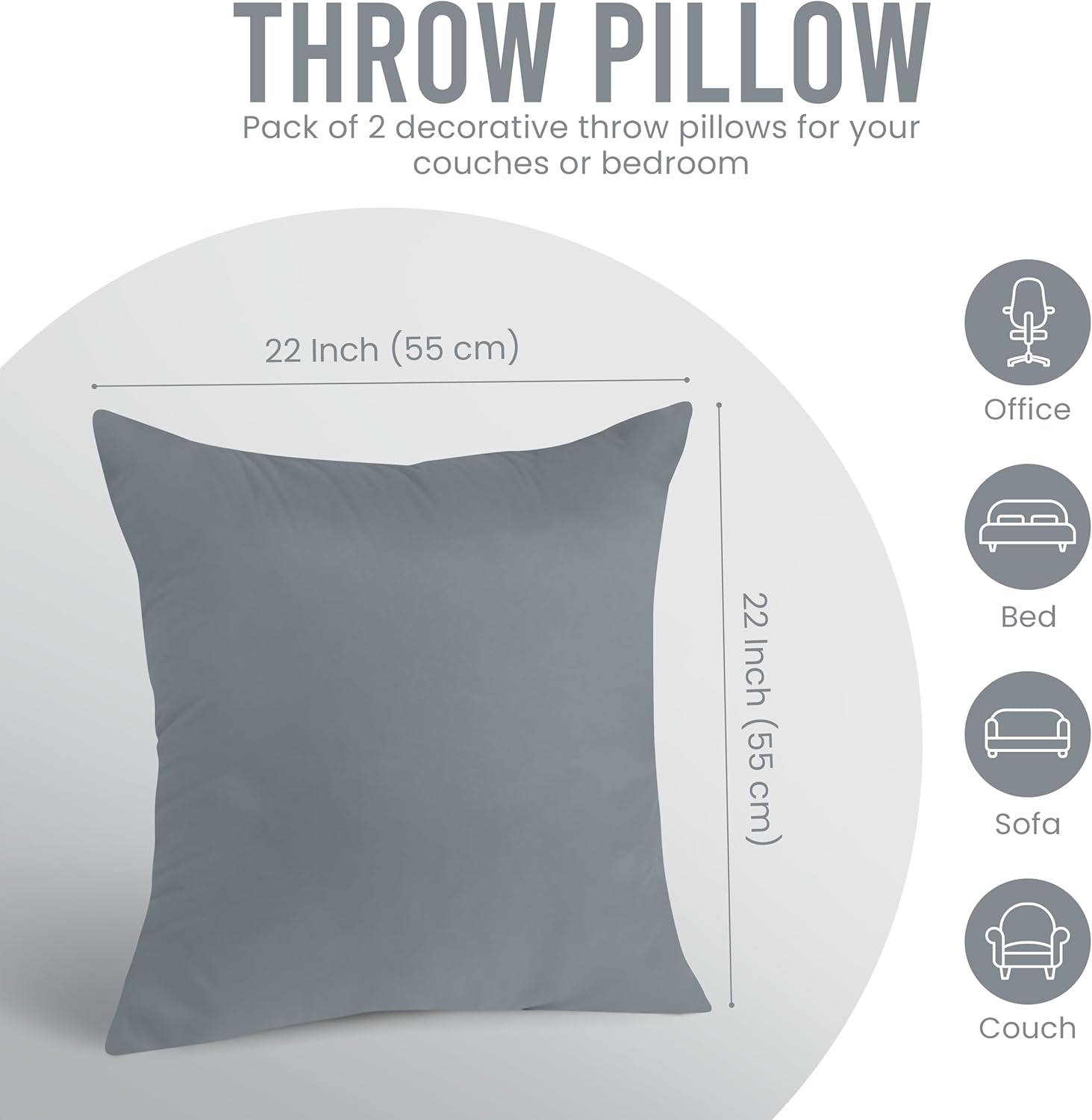 Utopia Bedding 22x22 Pillow Inserts - Set of 2 Grey Decorative Throw Pillows for Sofa & Bed - Soft & Fluffy Cushions