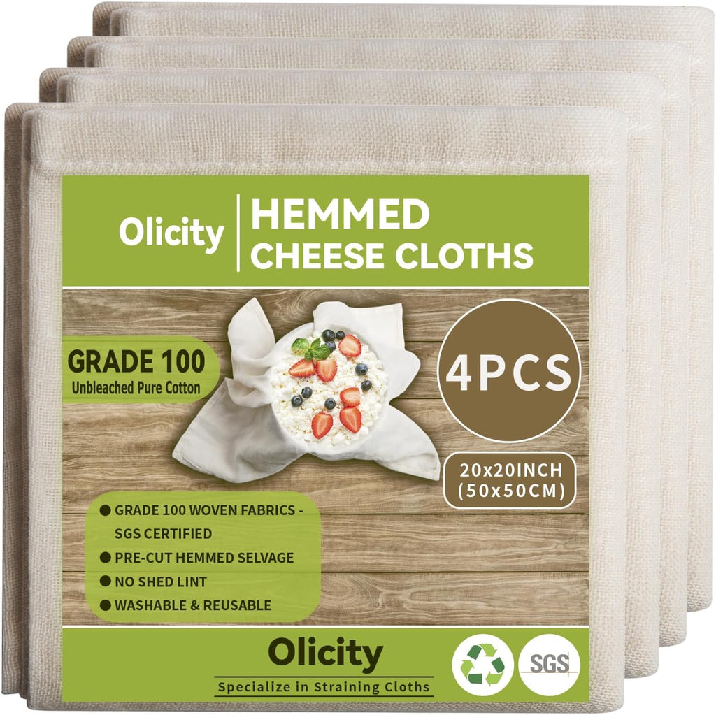 Olicity Cheese Cloths - 100% Cotton Unbleached Muslin Strainer | 4PCS, 20x20 Inch Hemmed Design