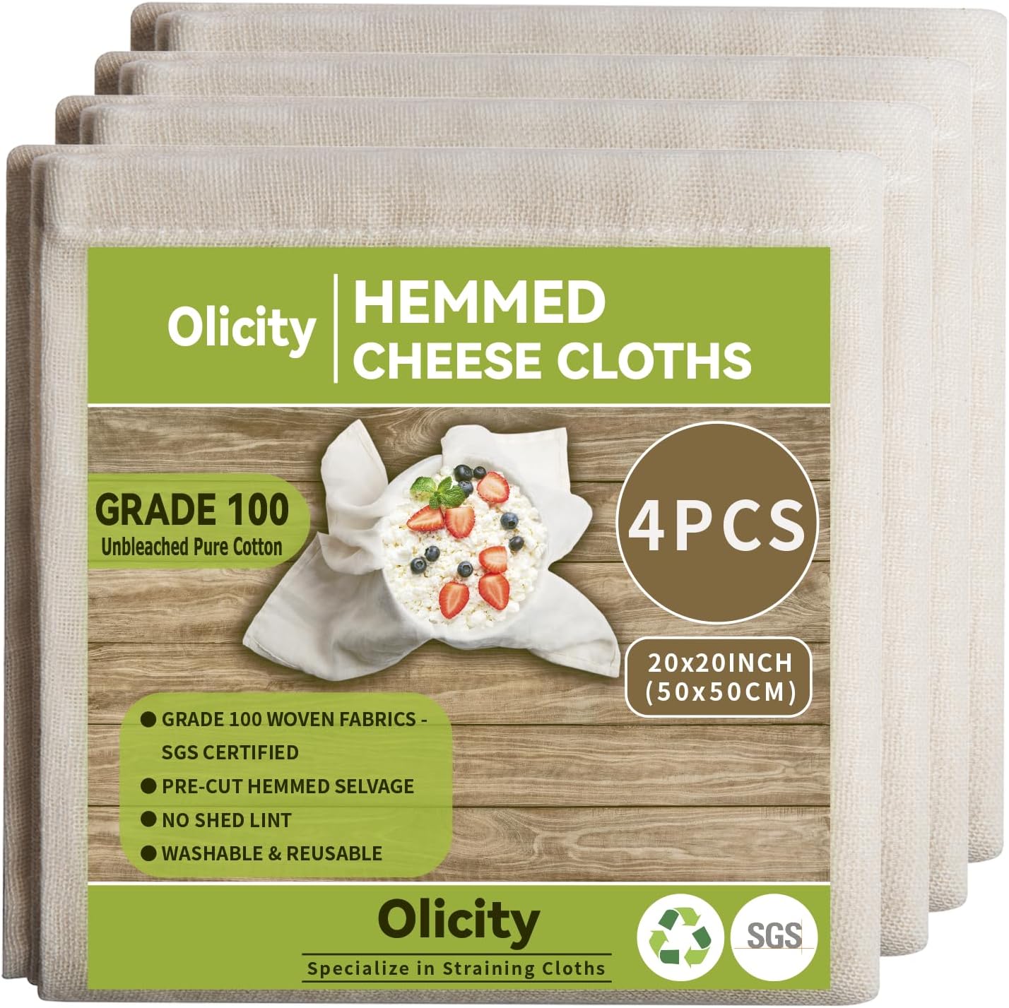 Olicity Cheese Cloths - 100% Cotton Unbleached Muslin Strainer | 4PCS, 20x20 Inch Hemmed Design