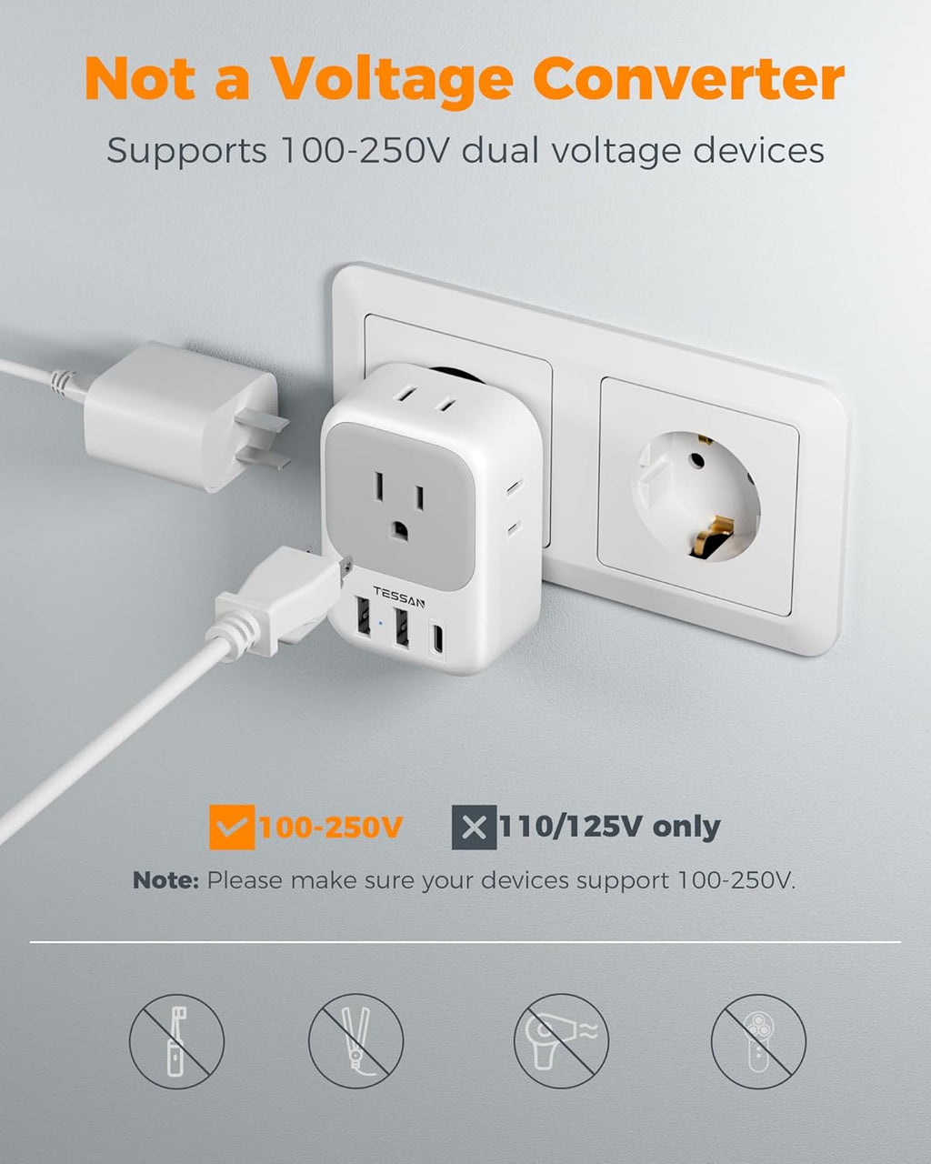 TESSAN European Plug Adapter - 2 Pack USB C Travel Charger with 4 Outlets & 3 USB Ports for Italy, Spain, France, Germany