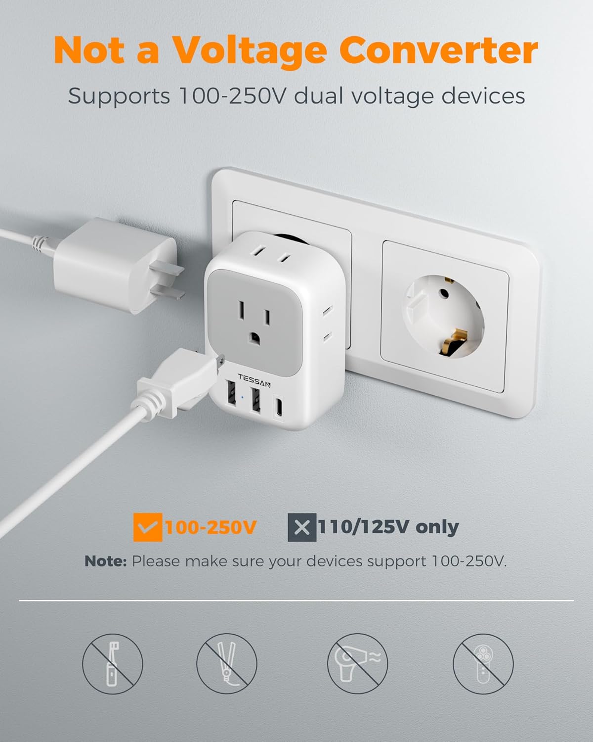 TESSAN European Plug Adapter - 2 Pack USB C Travel Charger with 4 Outlets & 3 USB Ports for Italy, Spain, France, Germany