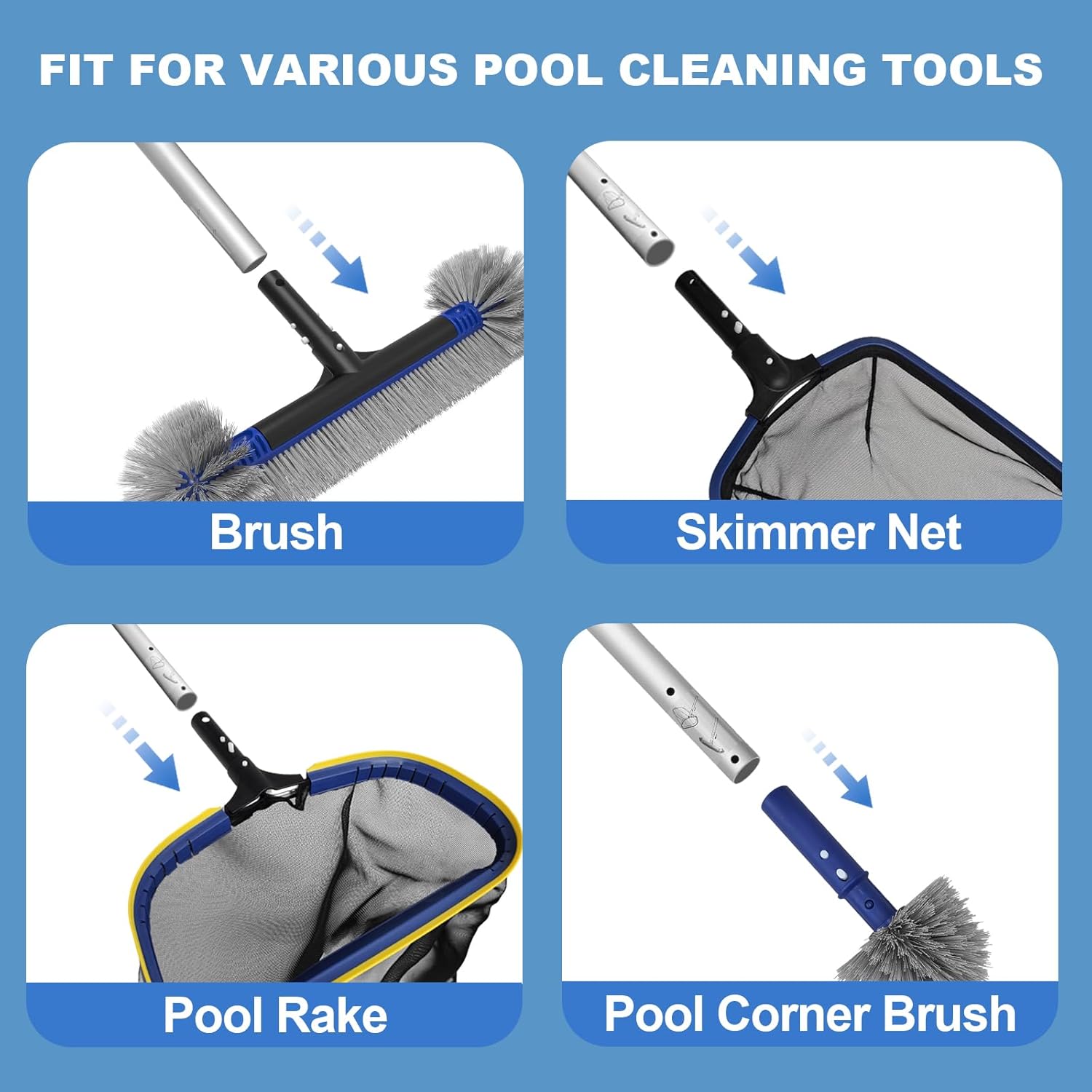 Poolvio 5-in-1 Pool Cleaning Kit - Semi-Deep Skimmer Net, Aluminum Leaf Rake & 20' Brush with 13' Pole