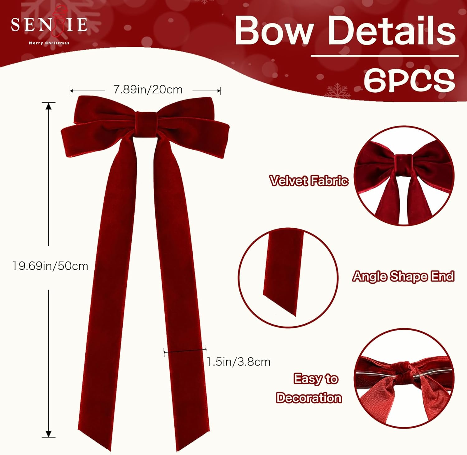Senjie Velvet Christmas Bows - Large 20in Vintage Ribbon for Staircase Garland & Wreath | 6Pcs Burgundy