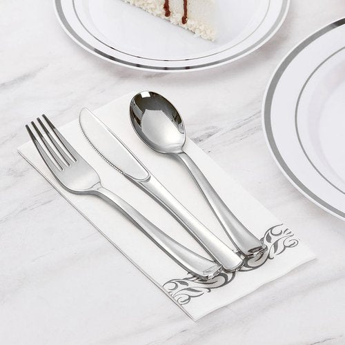Goodluck 200-Pack Linen-Feel Disposable Guest Towels – Soft and Absorbent Paper Hand Towels for Bathroom or Kitchen – Elegant White Napkins with Silver Design for Parties, Weddings, Dinners Events