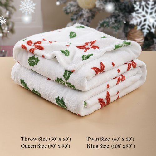 Christmas Fleece Print Throw Blanket Twin Size, Super Soft Plush Cozy Fuzzy Red Floral and Green Leaves Printed Twin Blankets for Couch Sofa Bed, and Home, Microfiber Flannel, All Seasons 60x80 Inches