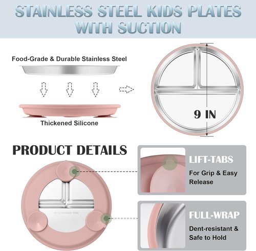 E-far Stainless Steel Toddler Plates - 9" Unbreakable Non-Slip Baby Dishes, 4-Pack with Suction & Silicone Sleeves