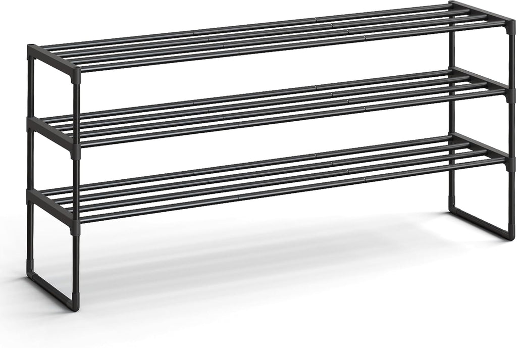 SONGMICS 3-Tier Shoe Rack - Stackable Metal Organizer for 20-24 Pairs - Black, 11.8 x 46.1 x 21.7 Inches