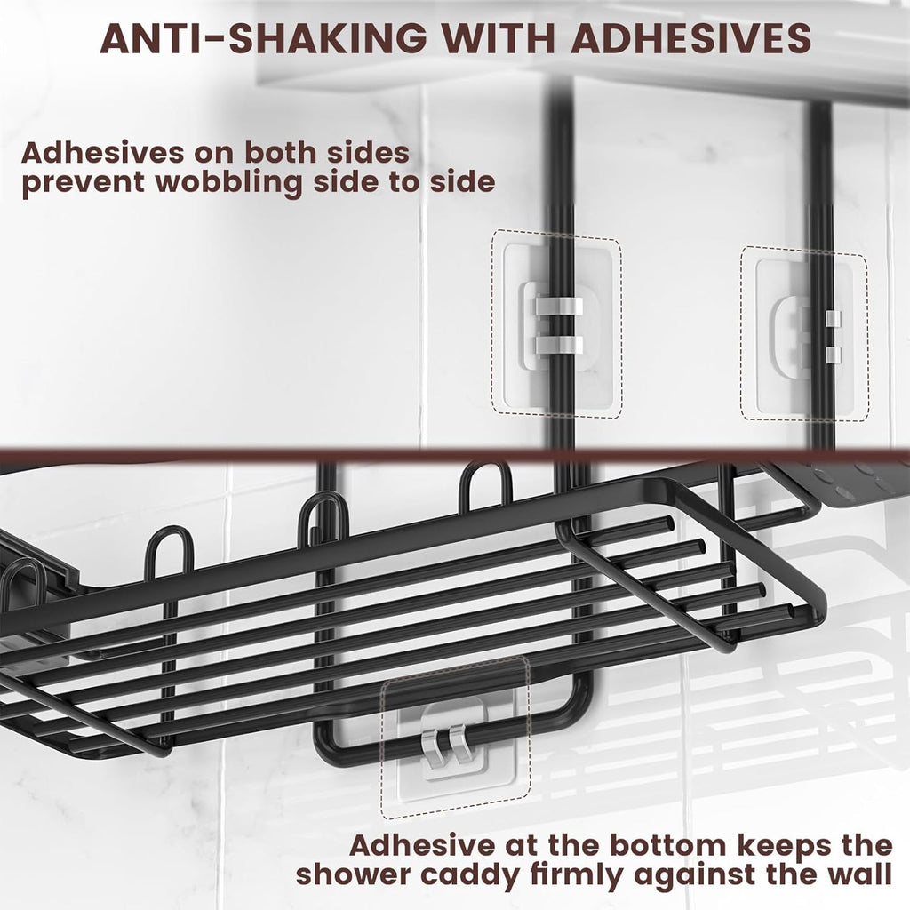 Reinhardt Rustproof Shower Caddy - Anti-Swing Organizer with Soap Holder & Hooks | Black