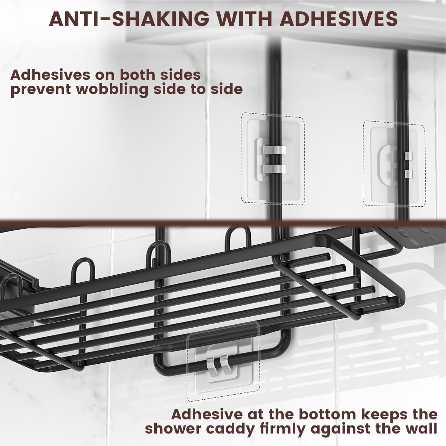 Reinhardt Rustproof Shower Caddy - Anti-Swing Organizer with Soap Holder & Hooks | Black