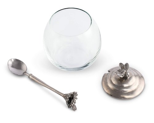 Vagabond House Pewter Bee Glass Honey Pot Jar Jam Jelly Jar with Spoon 5 inch Tall 12 oz