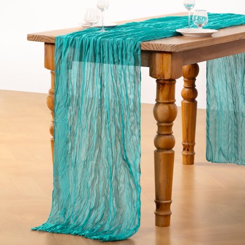 DeZerlor Teal Green Cheesecloth Table Runner Spring Easter Table Runner Boho Gauze 120 Inches Turquoise Cheese Cloth Table Decor for Wedding Bridal Baby Shower Parties