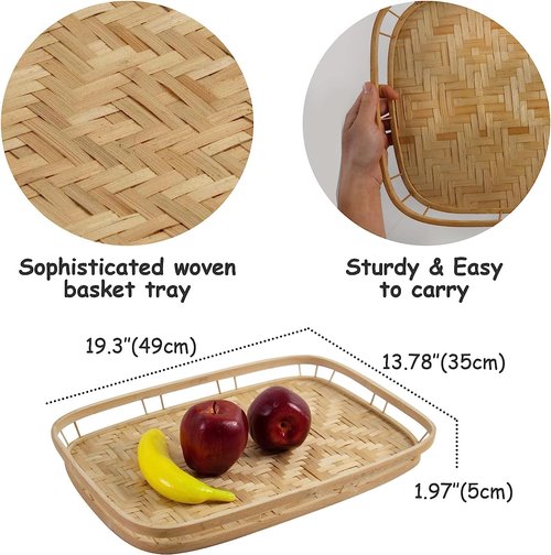 PEMAR Large Bamboo Wicker Serving Trays Set of 2 – 19.3″ x 13.8″ Rectangular Hand-Woven Lap/Breakfast Trays with Handles – Rustic & Decorative Kitchen, Coffee Table & Bed Tray