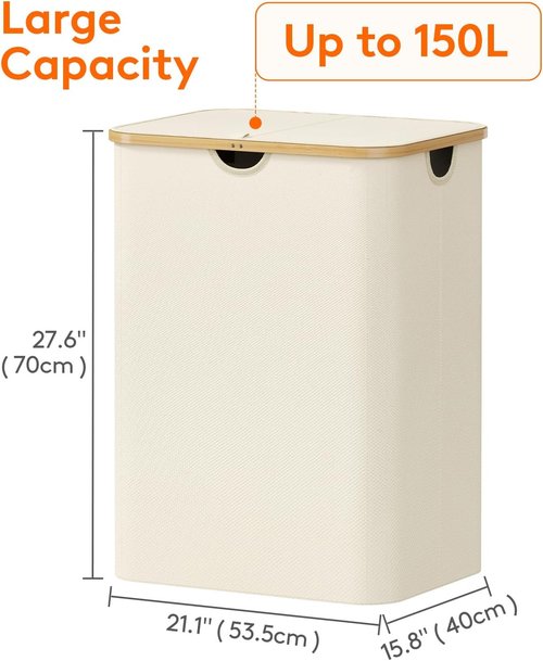 Lifewit 150L Laundry Basket - Foldable Hamper with Lid & Bamboo Handles | White, Large Capacity