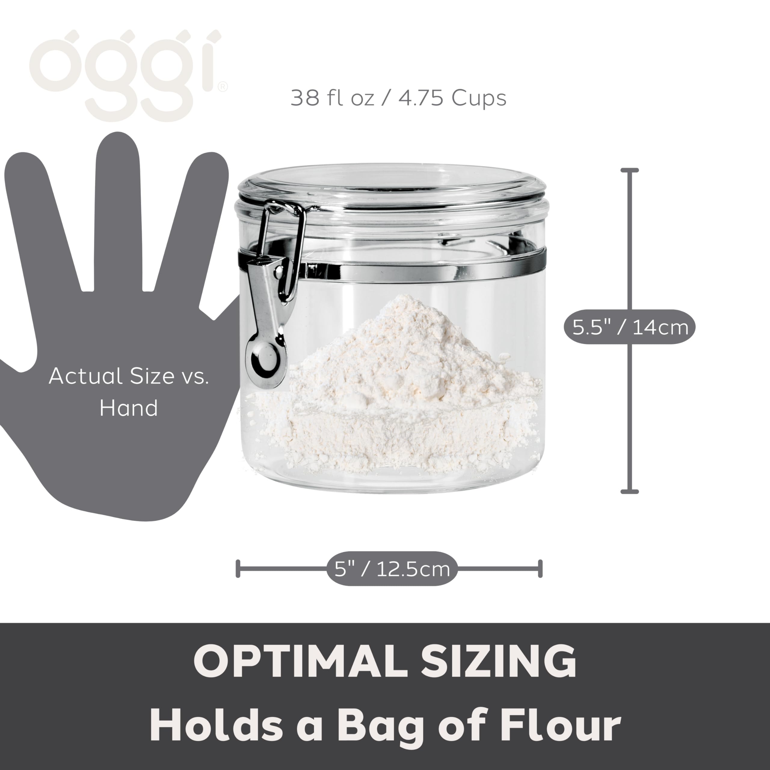 Oggi Clear Canister with Clamp Lid, 38 oz - Large Airtight Food Storage Container, for Kitchen & Pantry Storage of Bulk, Dry Foods Including Pasta, Flour, Sugar, Coffee, Rice, Tea, Spices & Herbs