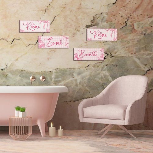 Yousoontic 4Pcs Coquette Pink Bow Wall Decor Aesthetic Pink Bow Bathroom Bedroom Wall Art Relax Soak Unwind Breathe Party Wood Hanging Sign Set for Home Laundry Spa Room