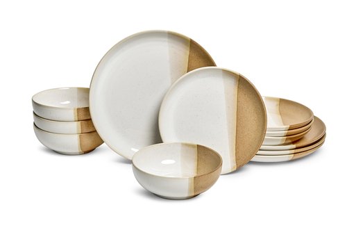 Sango 12 Pieces Stoneware Dinnerware Set, Glossy Caramel & Cream Dishes for 4, Premium Plates and Bowls Sets, Chip & Scratch Resistant, Ceramic Kitchen Dish Set, Microwave & Dishwasher Safe, Phoebe