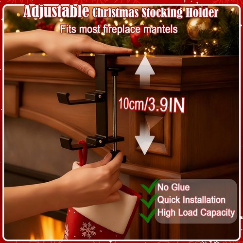 TGLIFEVER Christmas Garland and Stocking Hangers for Mantle, Adjustable 2 in 1 Mantel Stocking Holders with Foldable Double Hooks, Heavy Duty No Drill Fireplace Garland Hooks for Xmas Home Decoration