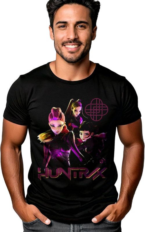 Huntrix Kpop Demon Hunters T-Shirt - Stronger Together Black Crew Neck Short Sleeve