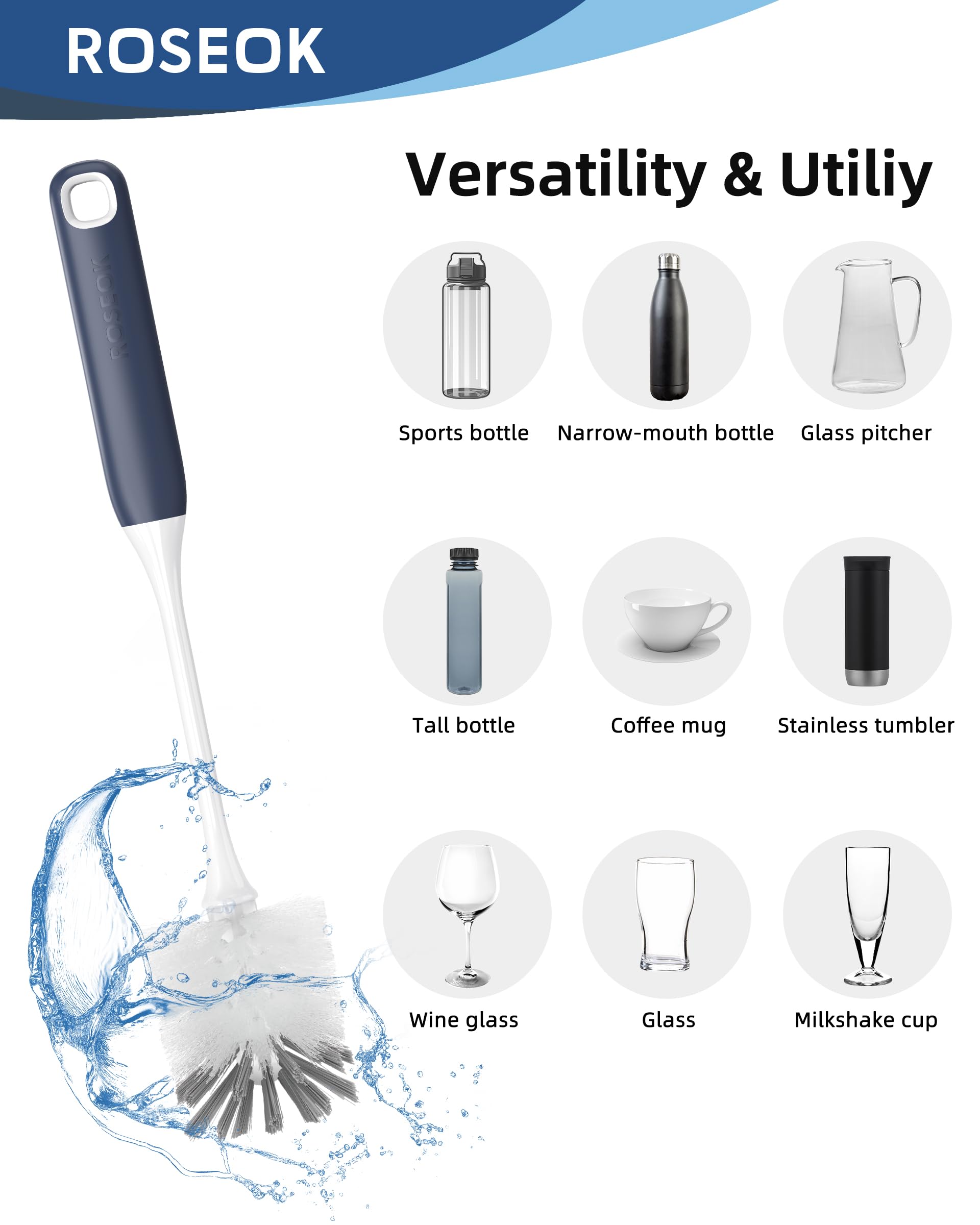 ROSEOK Long Handle Water Bottle Brush,Flexible Bottle Brush for Cleaning Milkshake Cup,Sports Bottle,Navy Blue,2 Pack