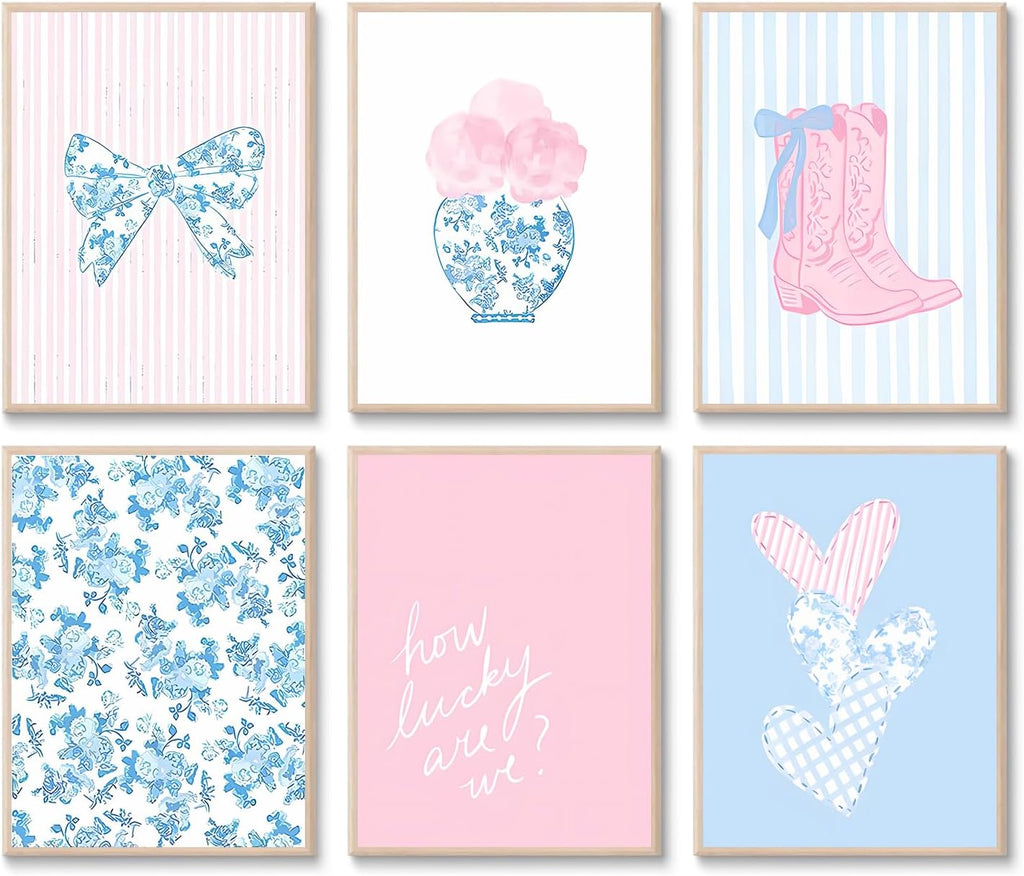 Skiennix Floral Bow Wall Art - Trendy Chinoiserie Watercolor Heart Canvas Prints | Unframed 8x10in