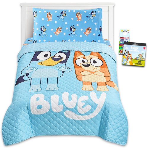 Bluey Bedding Set - Bundle with Bedspread, Flat Sheet, Fitted Sheet, Pillowcase for Twin Bed Plus Stickers, More | Bluey Bedroom Decor for Boys, Girls
